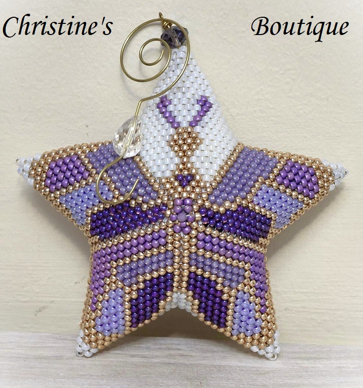 Handmade Miyuki Glass Beaded Peyote Ornament Butterfly Star, Purple butterfly - Click Image to Close
