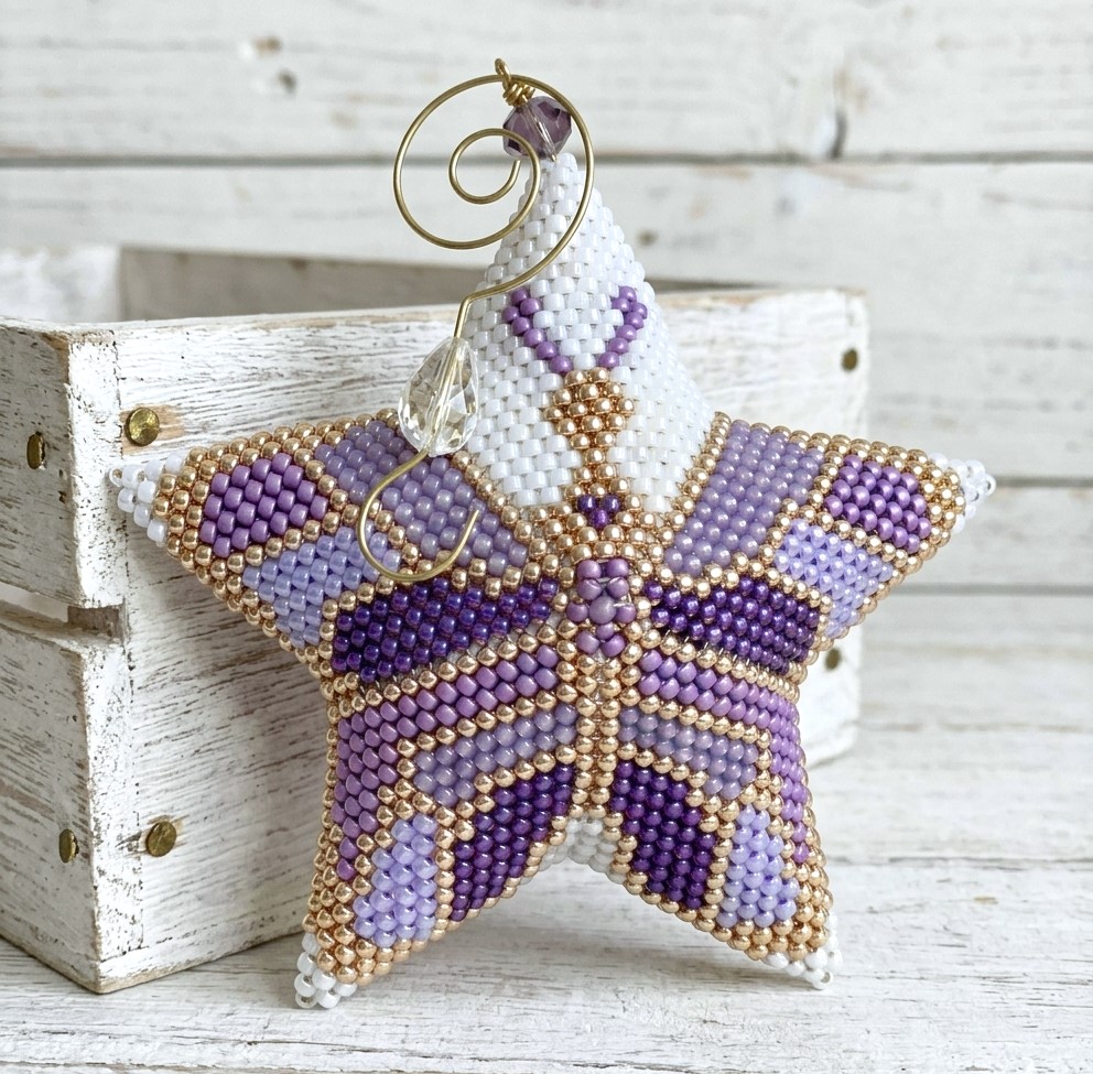 Handmade Miyuki Glass Beaded Peyote Ornament Butterfly Star, Purple butterfly