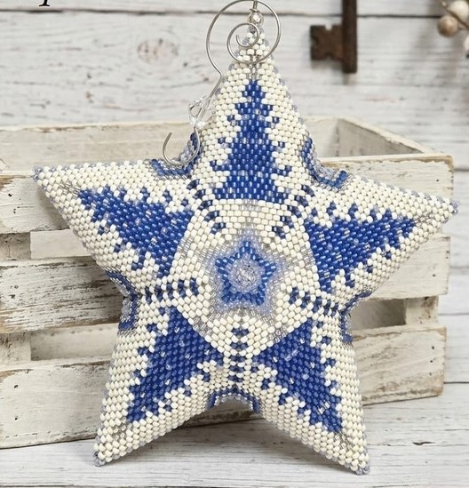 Handmade Extra Large 3D Star Ornament 8 x 8" Celestial Trees, White with blue