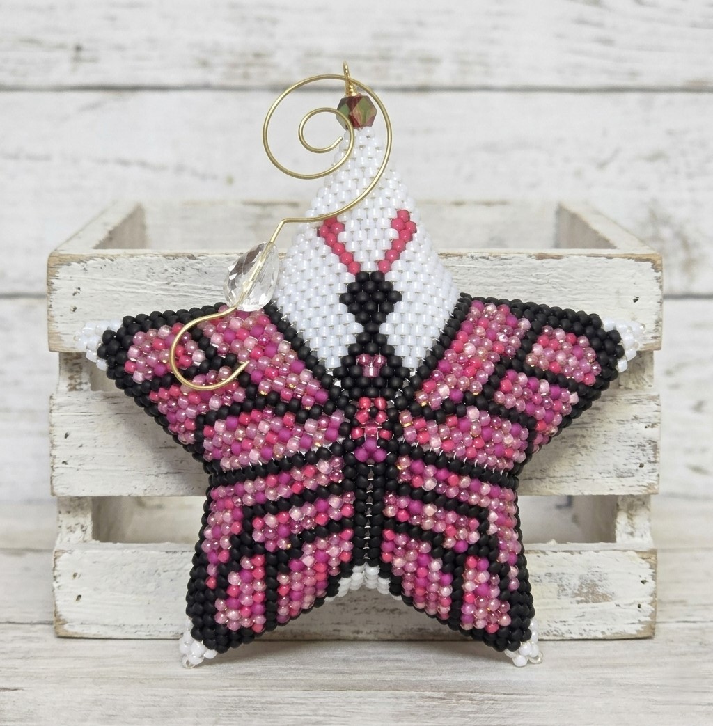 Handmade Miyuki Glass Beaded Peyote Ornament Butterfly Star, Pink multi