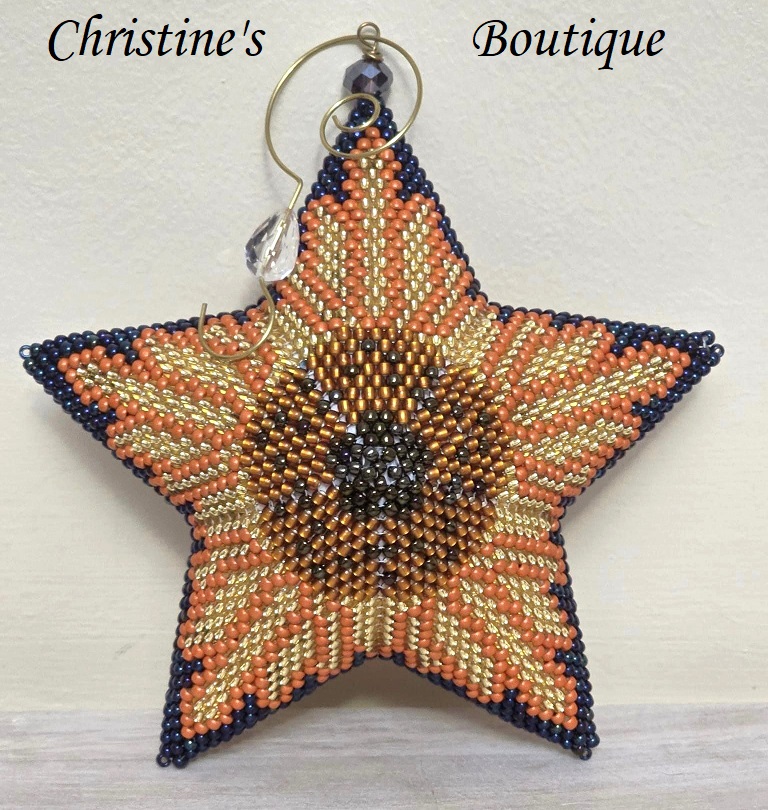 Handmade Large Peyote Stitch 3D Sunflower Star Ornament - Click Image to Close