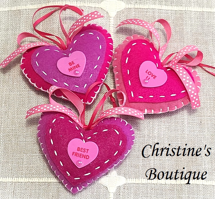 Felt pink heart ornament, set of 3, Sweet hearts ornaments, candy feflt - Click Image to Close