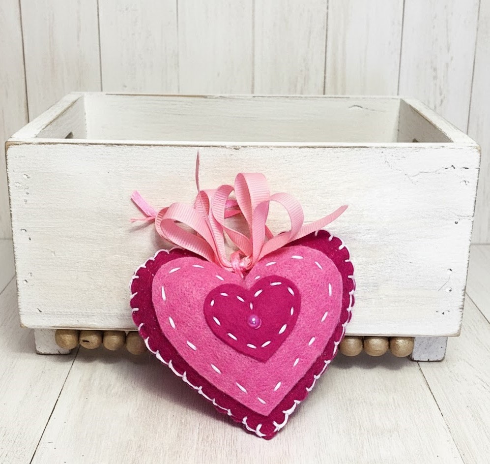 Valentine felt ornament, handcrafted with embroidery detail, pink hues heart ornament