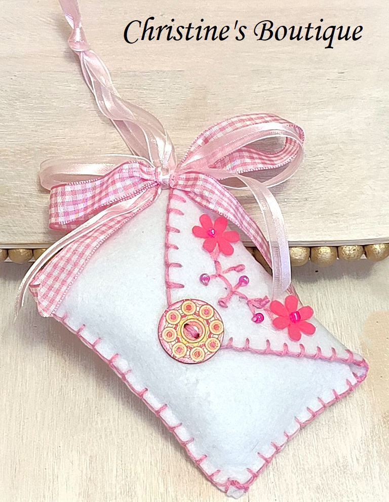 Felt Valentine's ornament, felt love envelope, handcrafted with embroidery and button accents