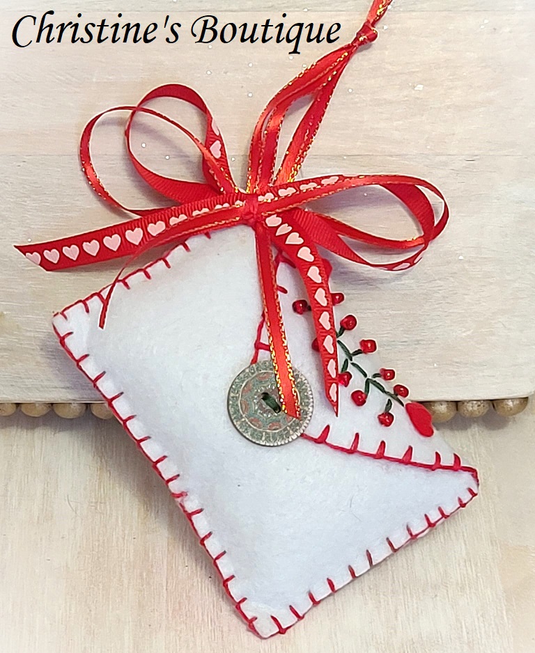 Felt Valentine's ornament, felt love envelope, handcrafted with embroidery and button accents - Click Image to Close