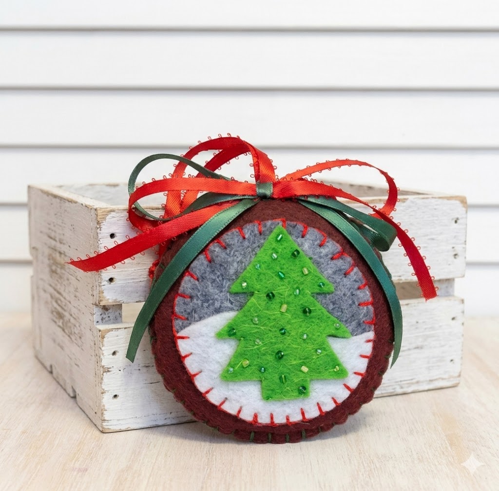 Felt christmas tree round ornament, handcrafted, with embroidery and glass bead accents