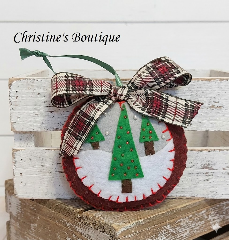 Felt evergreen trees round ornmanet, handcrafted embroidery and glass bead accents Felt evergreen trees round ornmanet, handcrafted embroidery and glass bead accents