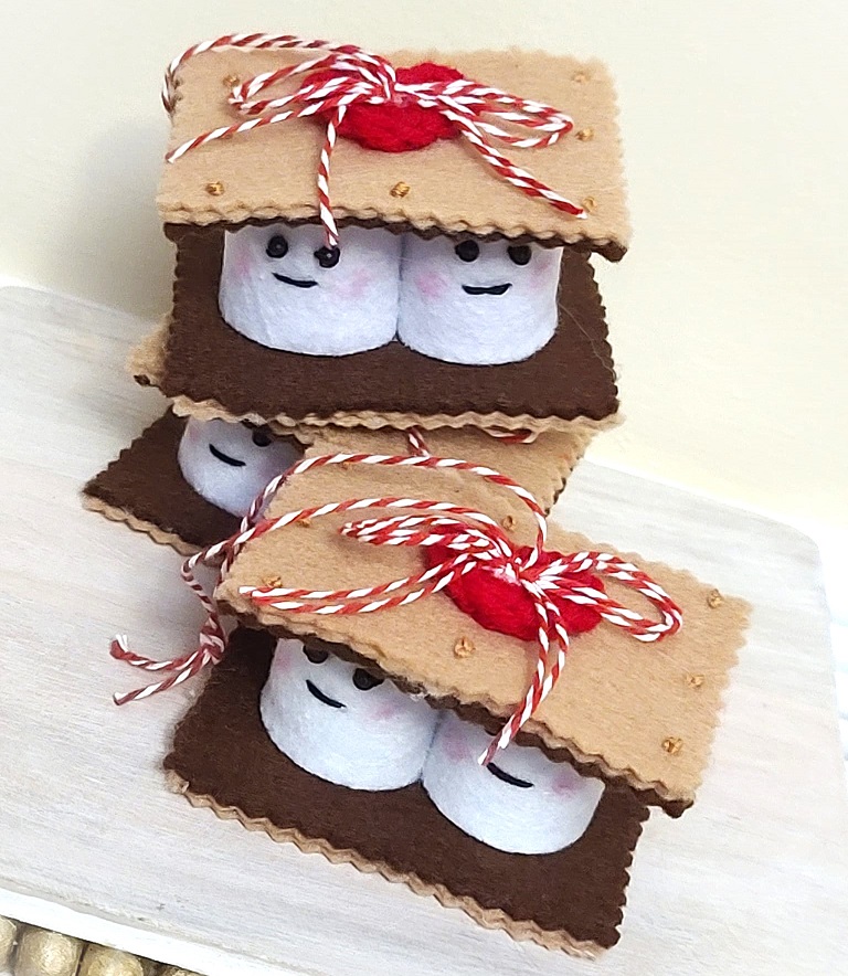 Smores marshmallow and graham cracker felt christmas ornament with red heart detail