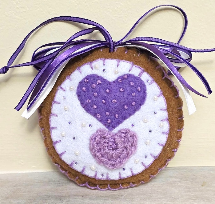 Felt ornament, handmade, Gingerbread and white icing, crochet, beads and felt, color purple