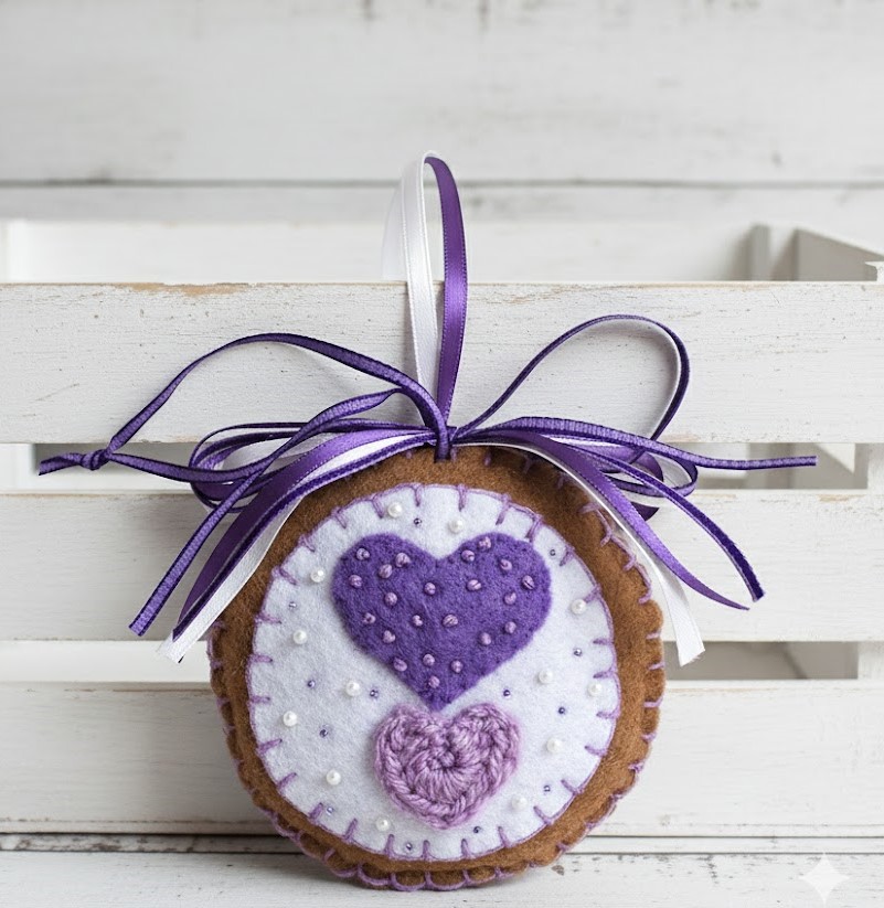 Felt ornament, handmade, Gingerbread and white icing, crochet, beads and felt, color purple