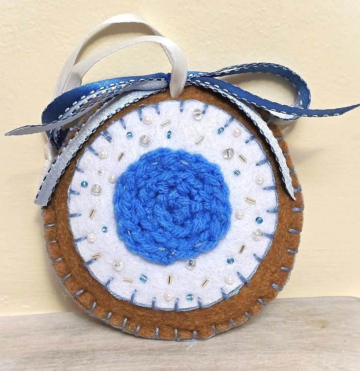 Felt ornament, handmade, Gingerbread and white icing, crochet, beads and felt, color blue