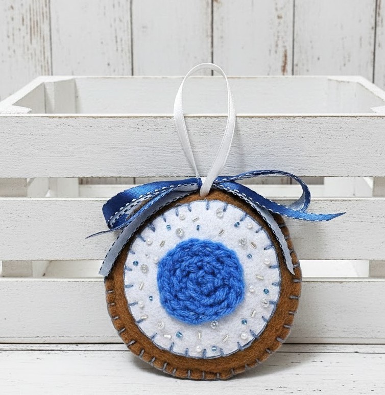 Felt ornament, handmade, Gingerbread and white icing, crochet, beads and felt, color blue