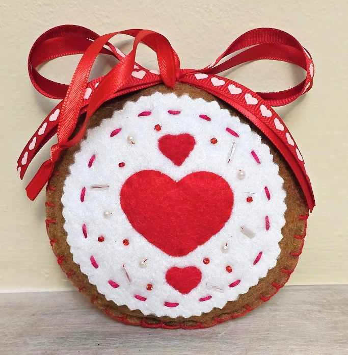 Felt ornament, handmade, Gingerbread and white icing, crochet, beads and felt, color red