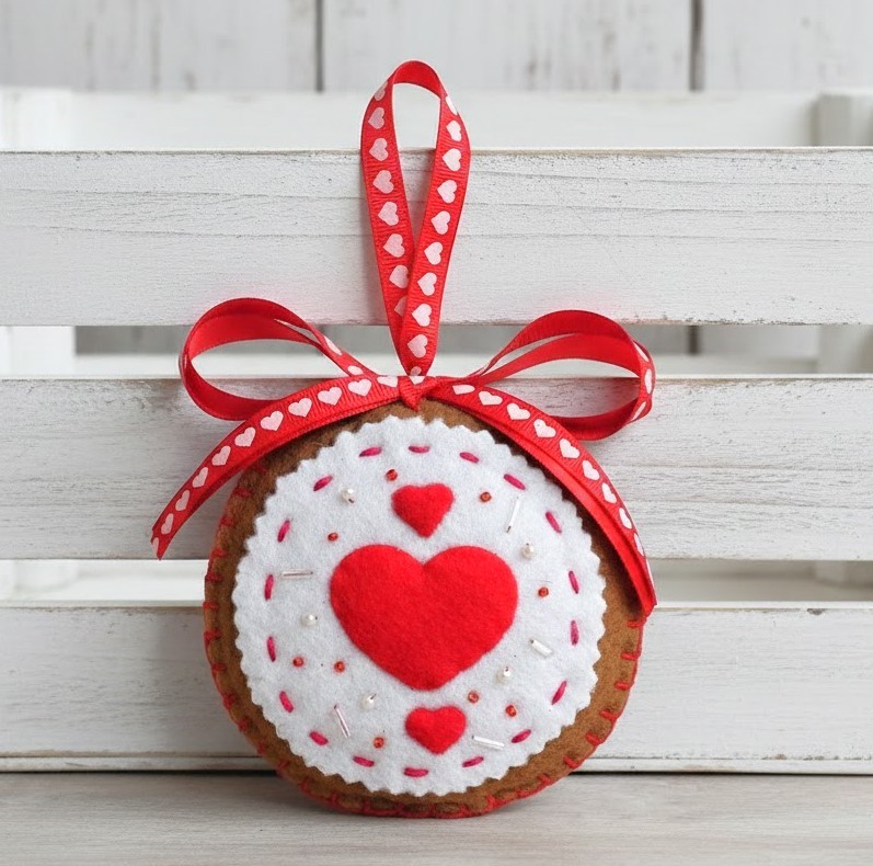 Felt ornament, handmade, Gingerbread and white icing, crochet, beads and felt, color red
