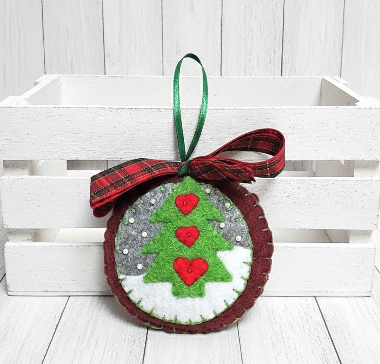 Felt evergreen tree round ornament, embroidery, glass bead accents