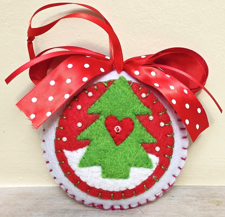 Felt evergreen tree round ornament, embroidery, glass bead accents