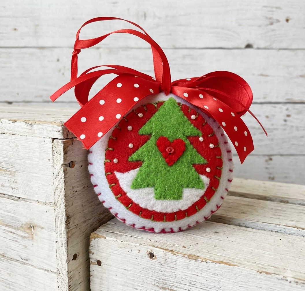 Felt evergreen tree round ornament, embroidery, glass bead accents