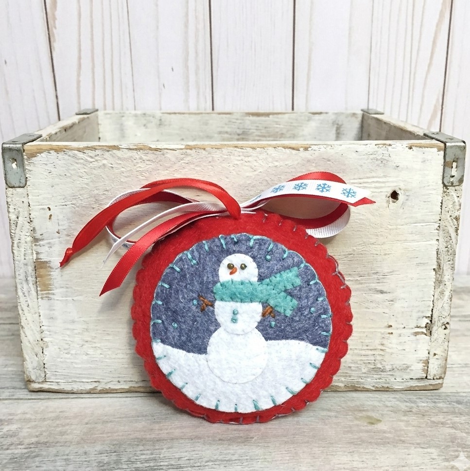 Felt ornament, handmade snowman in snow - light aqua scarf