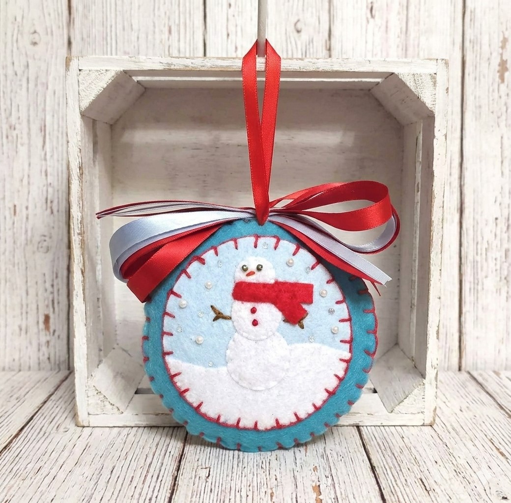 Felt ornament, handmade snowman in snow - red scarf