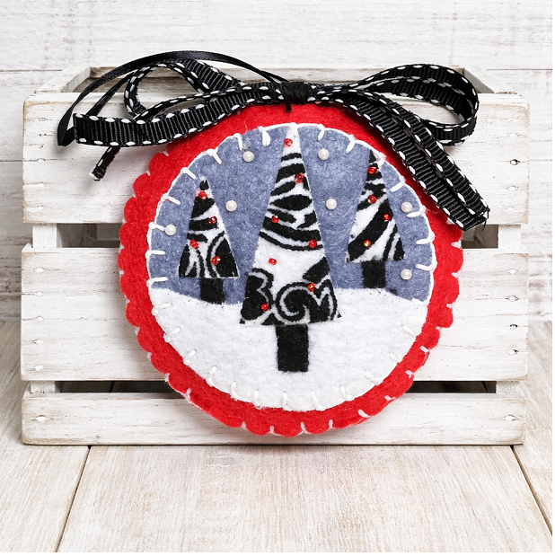 Felt evergreen trees round ornament, handcrafted embroidery and glass bead accents