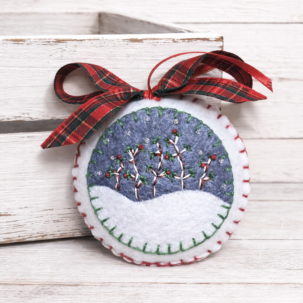 Felt ornament, handmade, plant foilage in snow, scenic, embroidery, felt and glass bead accents