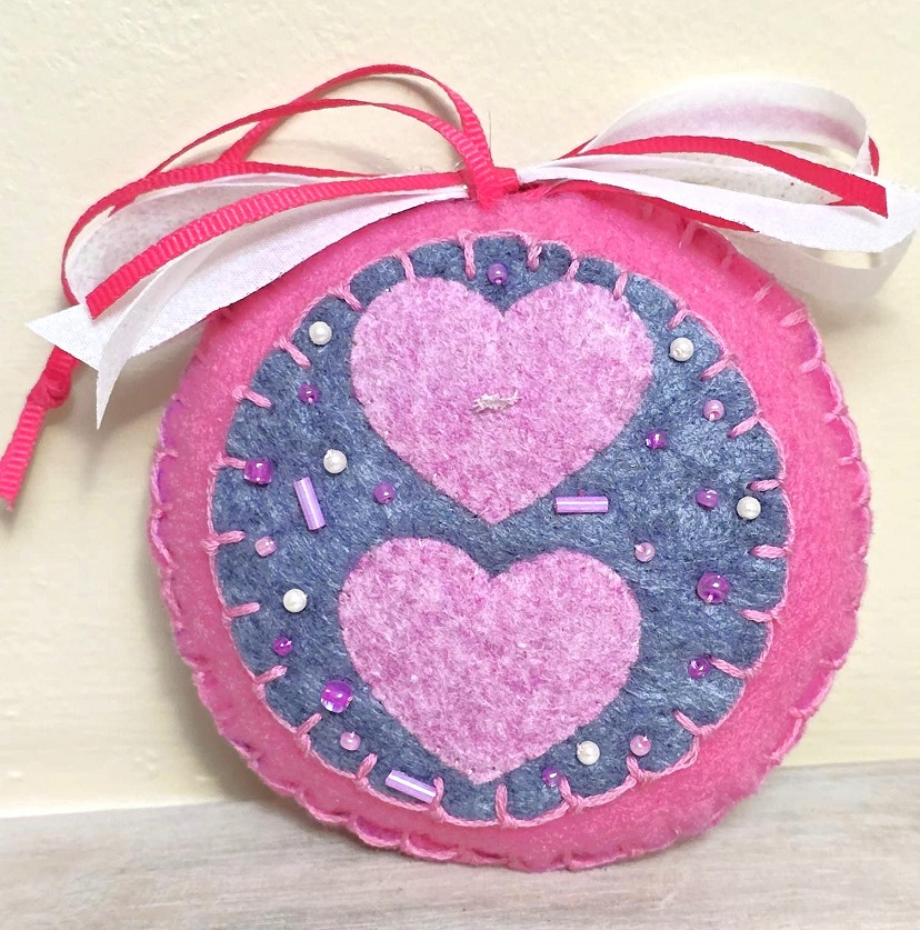 Valentine's Day ornament, gray and pink, felt with embroidery and glass bead accents