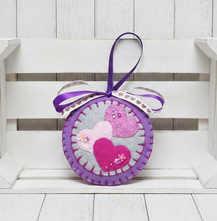 Valentine's Day ornament, purple and pink hearts, felt with embroidery and glass bead accents