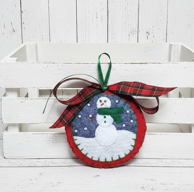 Felt ornament, handmade snowman in snow - green scarf