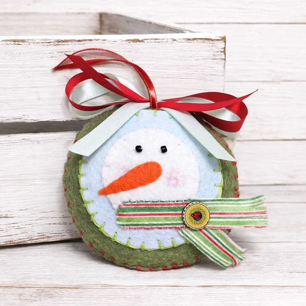 Snowman felt ornament - fern green striped scarf