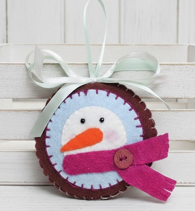 Snowman felt ornament - burgundy and pink sparkle scarf