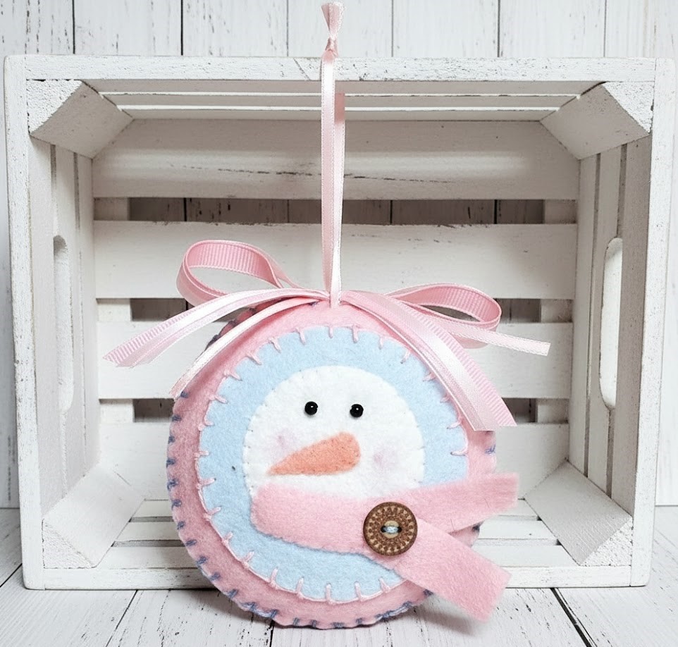 Snowman felt ornament -pink and baby blue scarf