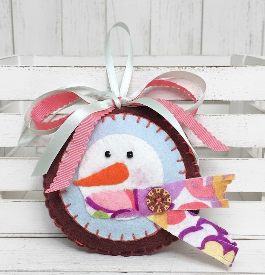 Snowman felt ornament - burgundy and multi color scarf