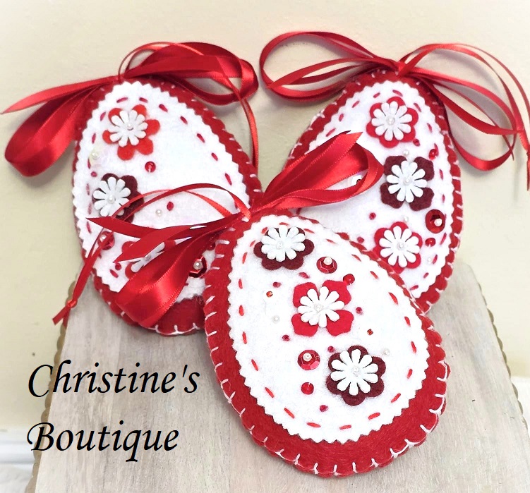 Felt ornament, handcrafted red easter egg ornament, SET OF 3, Russian Easter ornaments - Click Image to Close