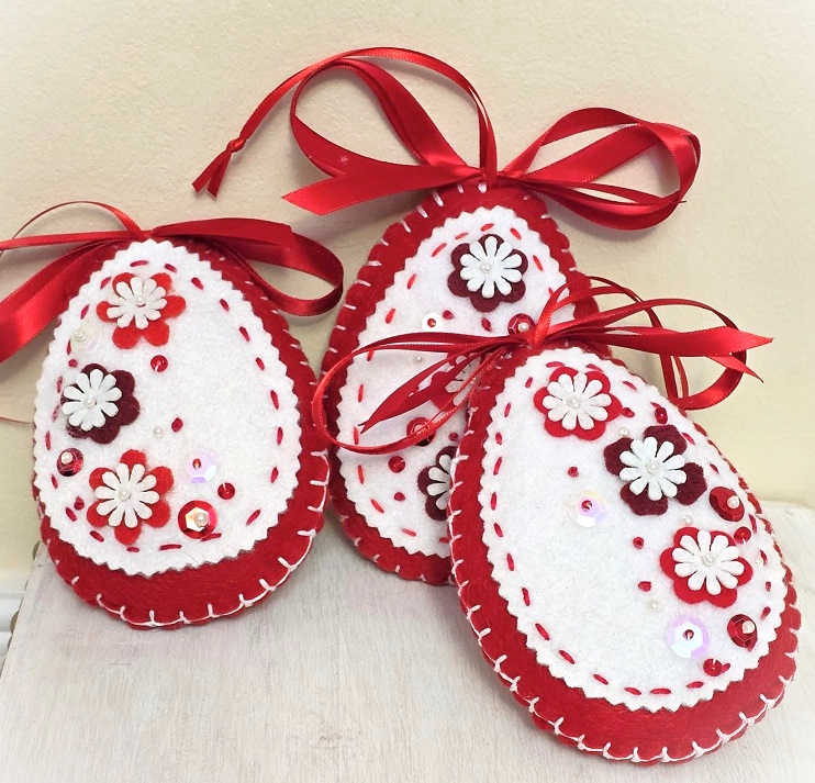 Felt ornament, handcrafted red easter egg ornament, SET OF 3, Russian Easter ornaments