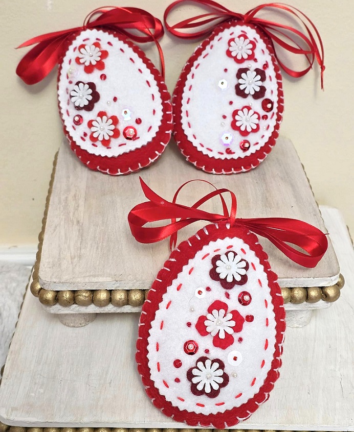 Felt ornament, handcrafted red easter egg ornament, SET OF 3, Russian Easter ornaments