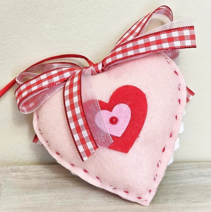 Valenetine heart ornament, mixed textiles, crochet, felt and pearl accent