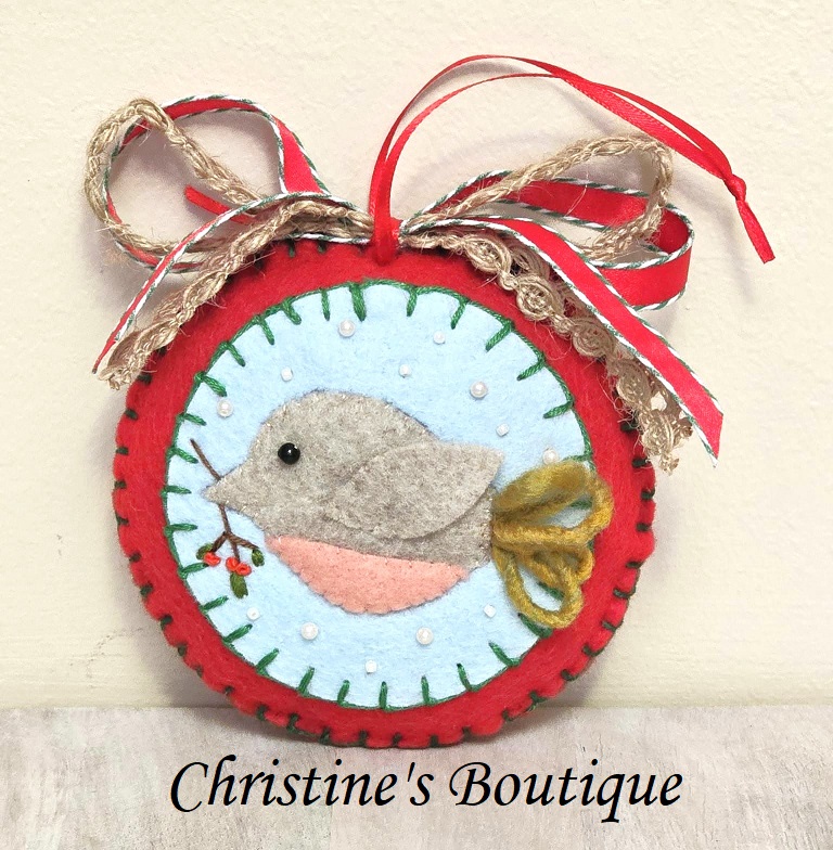 Felt bird ornament, round, felt, hand embroidery, and bead accents