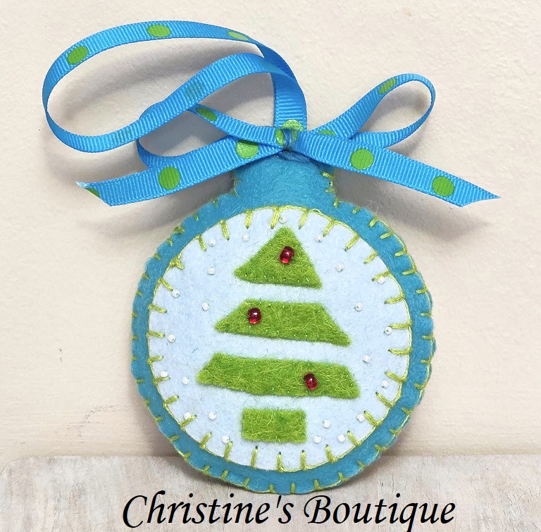 Felt christmas ornament, bauble with modern christmas tree, felt, hand embroidery and bead accents