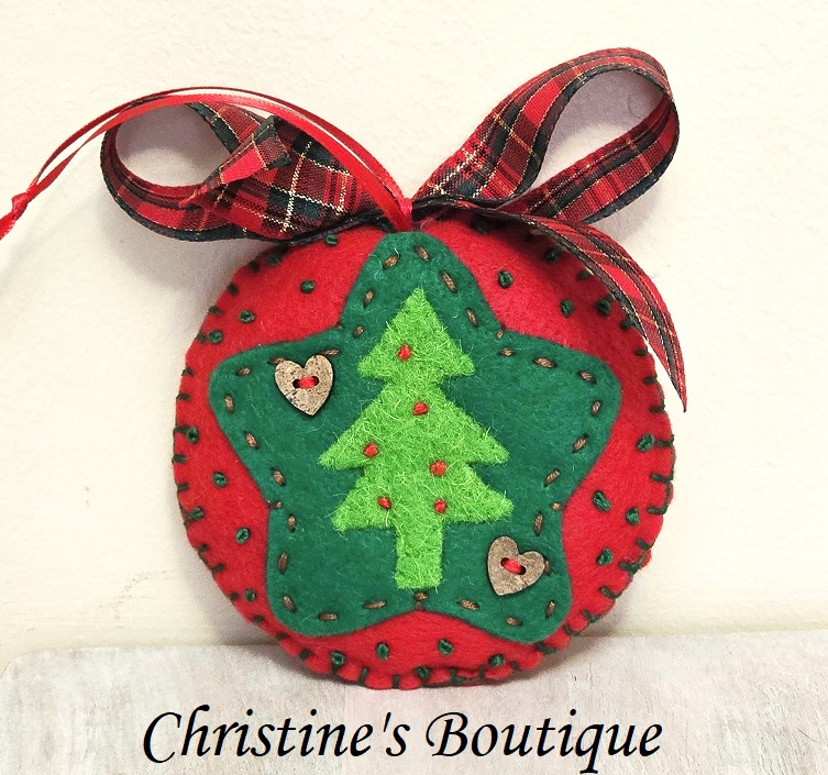 Country christmas ornament, handmade, felt, hand embroidery and bead accents