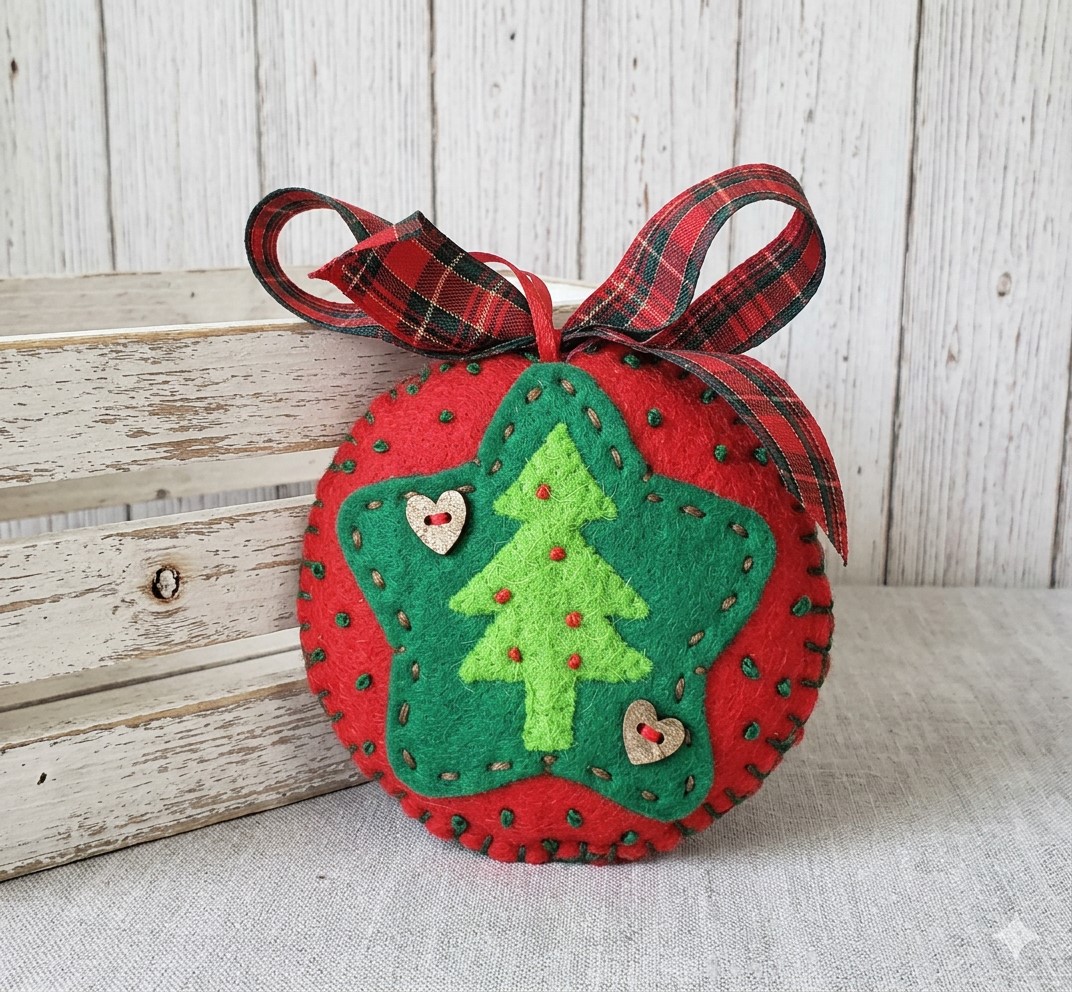 Country christmas ornament, handmade, felt, hand embroidery and bead accents