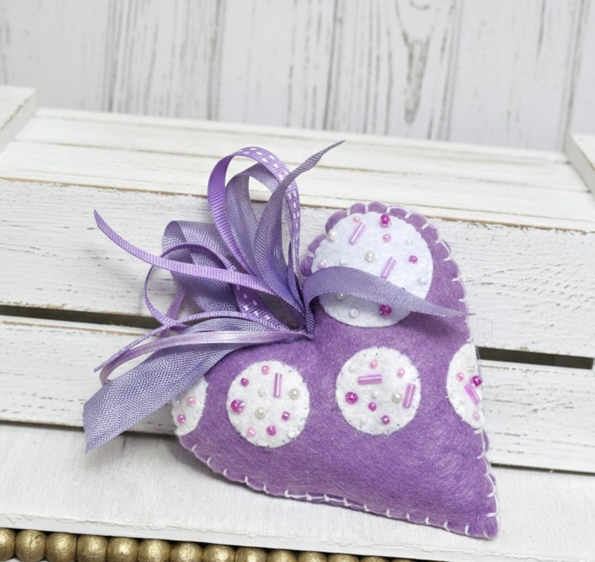 Handmade felt heart ornament, liliac purple with beaded detail Handmade felt heart ornament, liliac purple with beaded detail