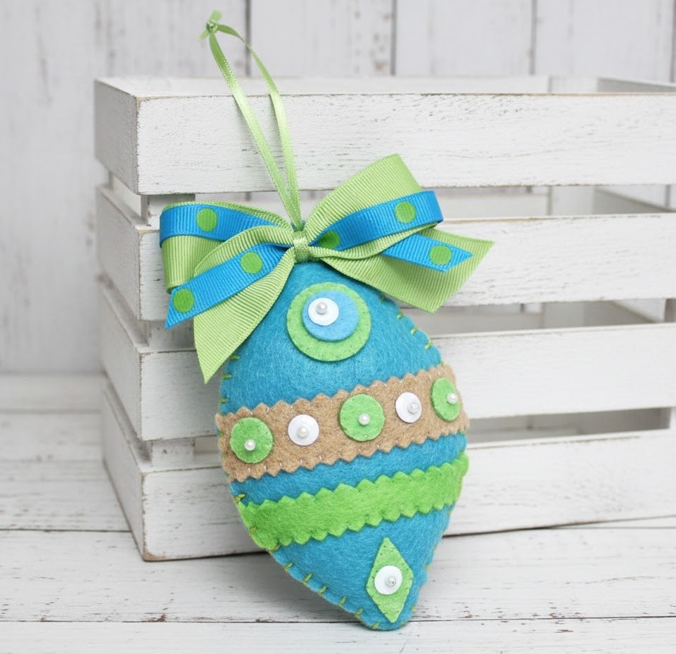 Handmade felt bulb shaped ornament, felt and sequin and bead accents
