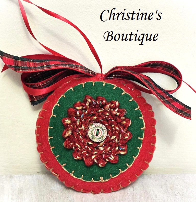 Handmade felt ornament, christmas green and red, crochet and button accent - Click Image to Close