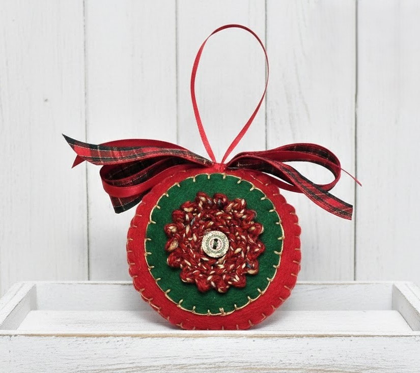 Handmade felt ornament, christmas green and red, crochet and button accent