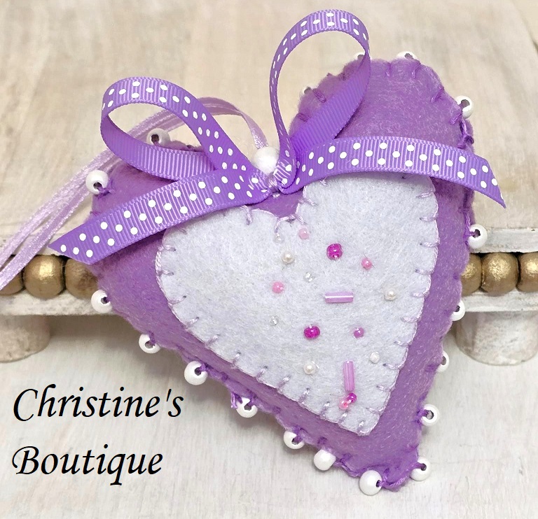 Handmade felt heart ornament, liliac purple with beaded detail