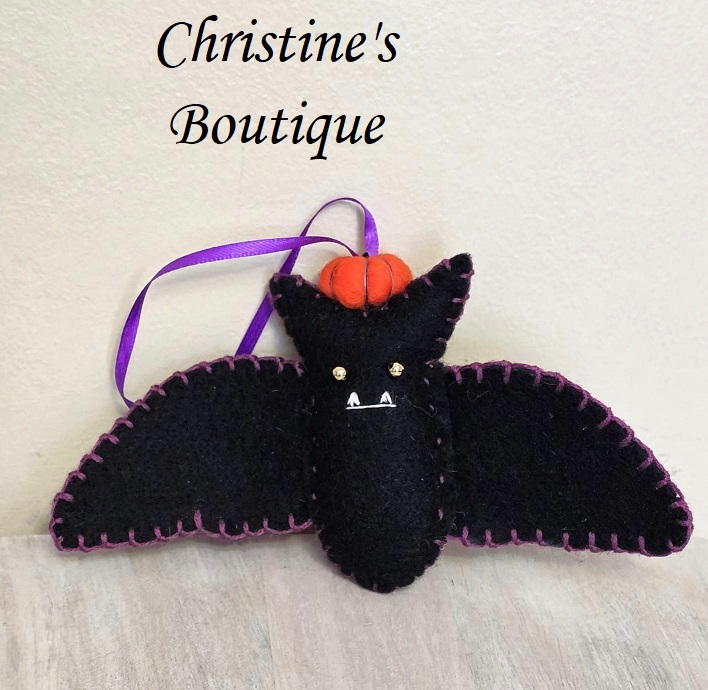 Handmade felt bat, black bat with pumpkin on head, Halloween felt ornament