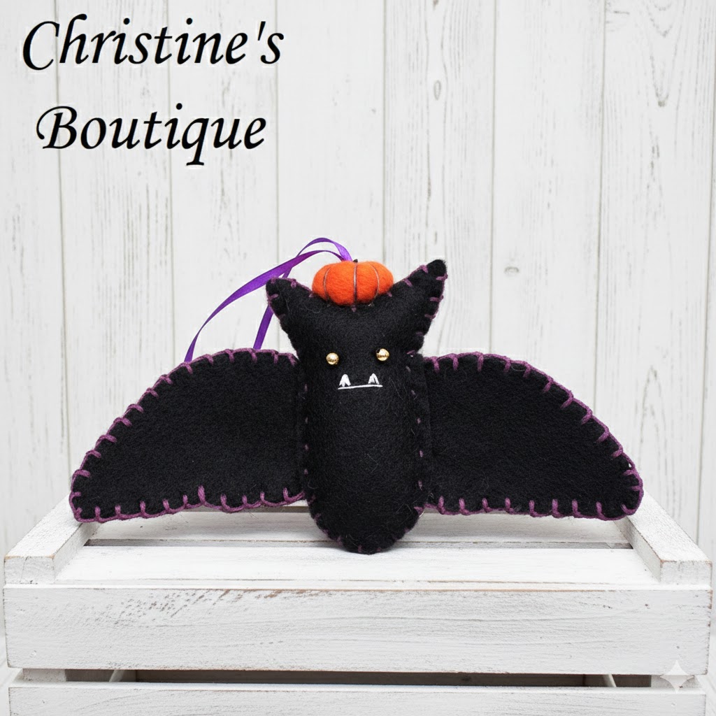 Handmade felt bat, black bat with pumpkin on head, Halloween felt ornament