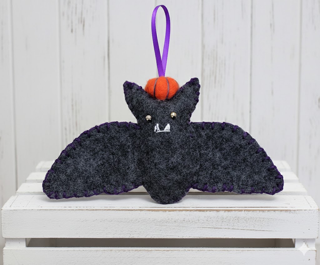 Handmade felt bat, gray bat with pumpkin on head, Halloween felt ornament