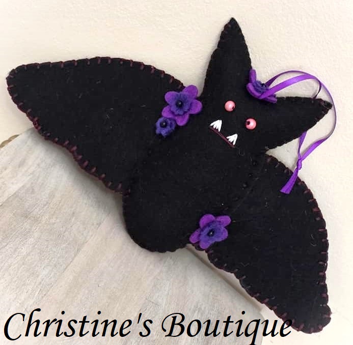 Handmade felt bat, black bat, large, 10 inch bat, Halloween felt ornament - Click Image to Close