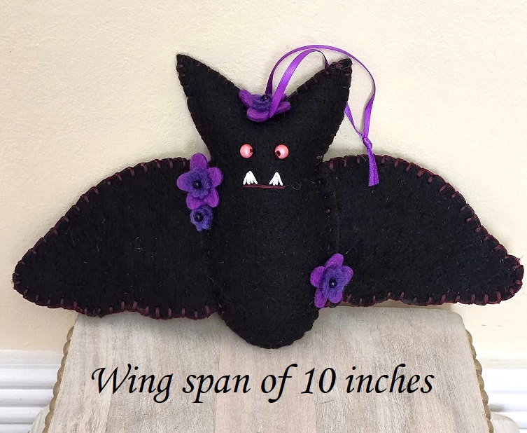 Handmade felt bat, black bat, large, 10 inch bat, Halloween felt ornament